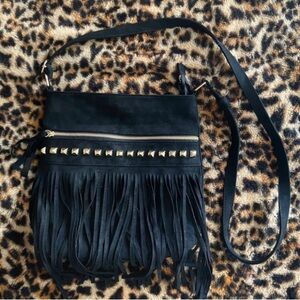 Black Fringe Crossbody Bag with Stud Detail